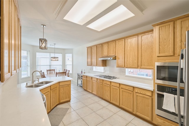 kitchen featuring under cabinet range hood, appliances with stainless steel finishes, light countertops, and a sink