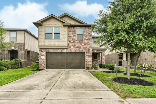 craftsman-style home featuring a garage, brick siding, and concrete driveway