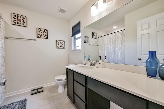 full bath featuring tile patterned floors, visible vents, toilet, baseboards, and vanity