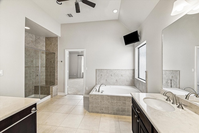 full bathroom featuring visible vents, a garden tub, a ceiling fan, a shower stall, and tile patterned flooring