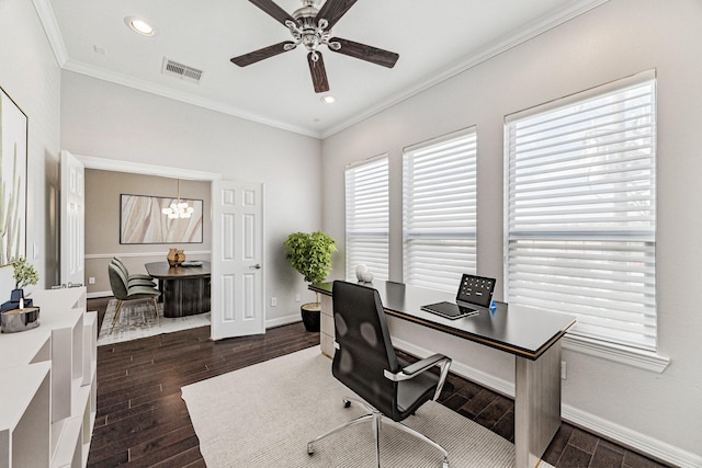 home office with baseboards, visible vents, dark wood finished floors, ornamental molding, and ceiling fan with notable chandelier