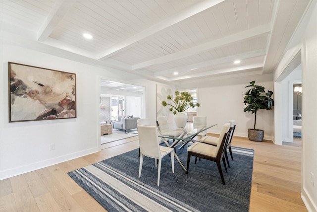 dining space featuring beam ceiling, recessed lighting, baseboards, and light wood finished floors