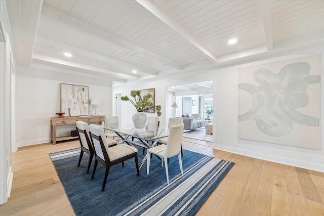 dining space with beam ceiling, light wood-style flooring, recessed lighting, baseboards, and wood ceiling