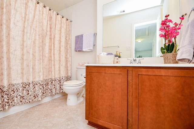 full bathroom featuring visible vents, toilet, a shower with shower curtain, tile patterned floors, and vanity