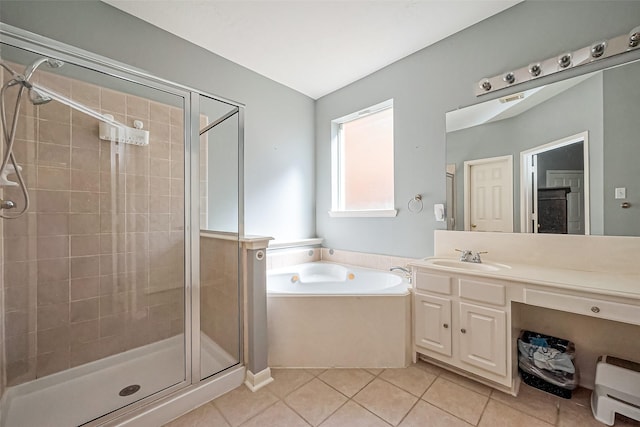 full bath with vanity, a garden tub, visible vents, a stall shower, and tile patterned floors