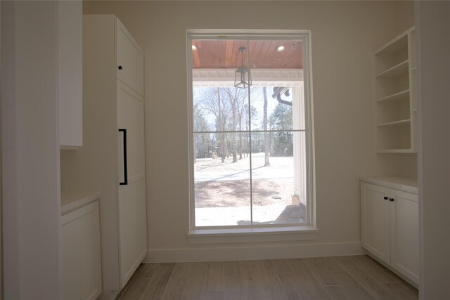 unfurnished dining area with a healthy amount of sunlight, light wood-type flooring, and baseboards