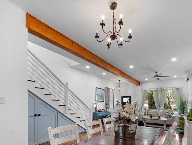 dining space with beam ceiling, stairway, recessed lighting, and ceiling fan with notable chandelier