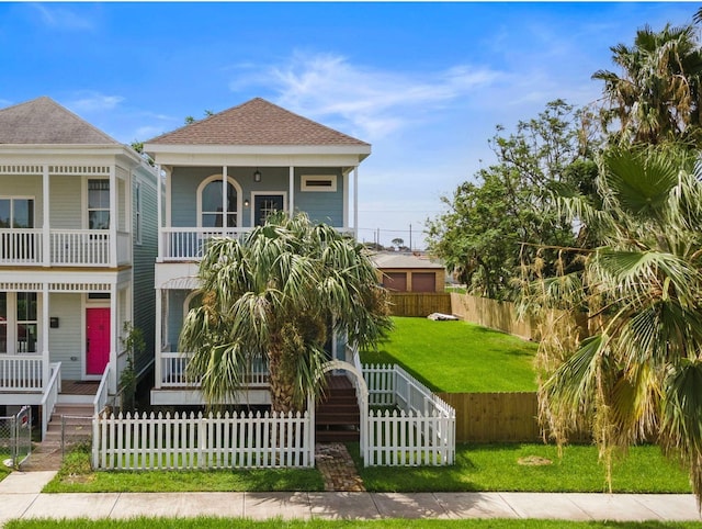 view of front of home featuring a front lawn, a porch, a fenced front yard, and a shingled roof