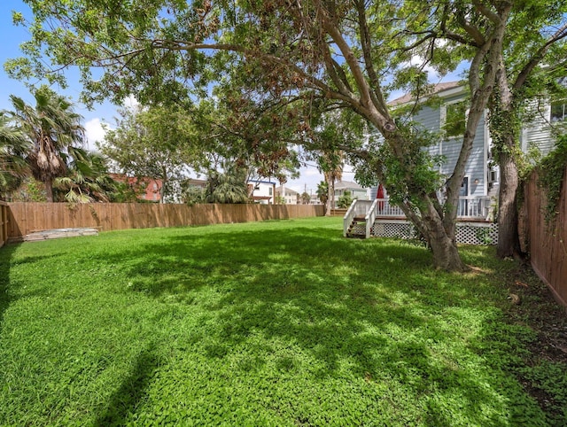 view of yard with a deck and a fenced backyard