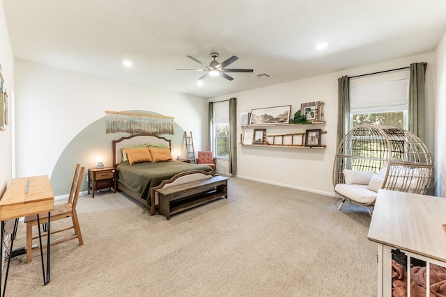 bedroom with baseboards, light carpet, recessed lighting, and ceiling fan