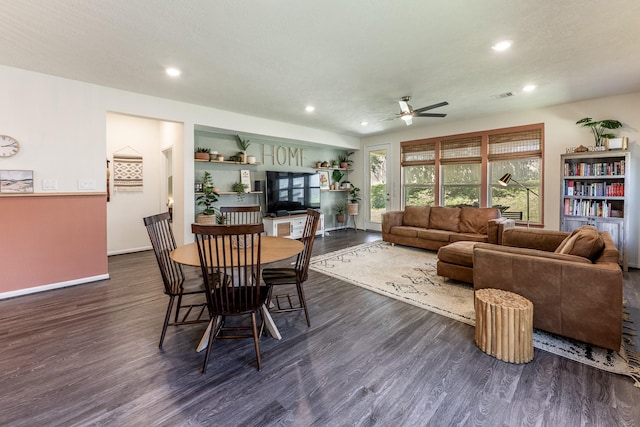 dining room featuring dark wood-style flooring, ceiling fan, recessed lighting, healthy amount of natural light, and baseboards