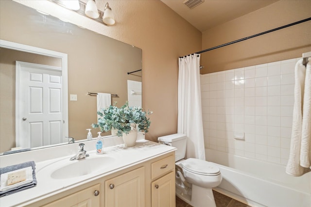 bathroom with tile patterned floors, visible vents, toilet, shower / bath combo, and vanity