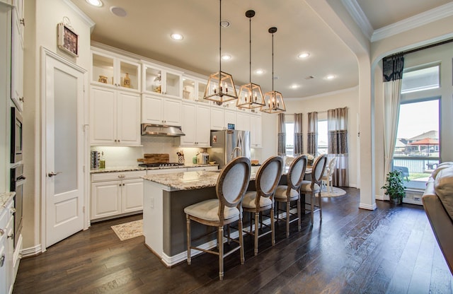 kitchen featuring a kitchen bar, an island with sink, ornamental molding, under cabinet range hood, and stainless steel appliances