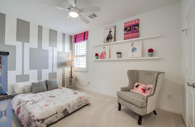 bedroom featuring carpet flooring, ceiling fan, baseboards, and visible vents