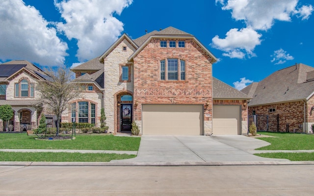 view of front of house featuring brick siding, a shingled roof, fence, concrete driveway, and a front yard