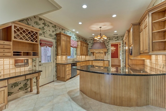 kitchen featuring a notable chandelier, wallpapered walls, custom range hood, and open shelves