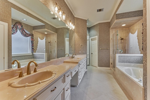 full bathroom featuring visible vents, wallpapered walls, ornamental molding, a sink, and a garden tub