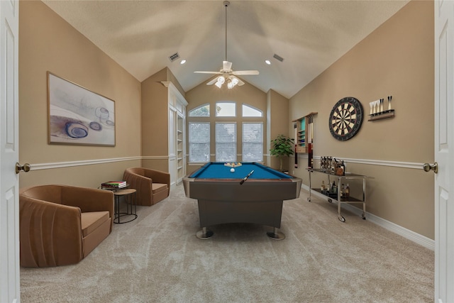 playroom with visible vents, pool table, baseboards, carpet, and a ceiling fan