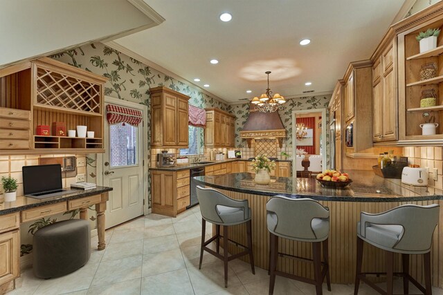 kitchen featuring wallpapered walls, open shelves, custom exhaust hood, and a sink