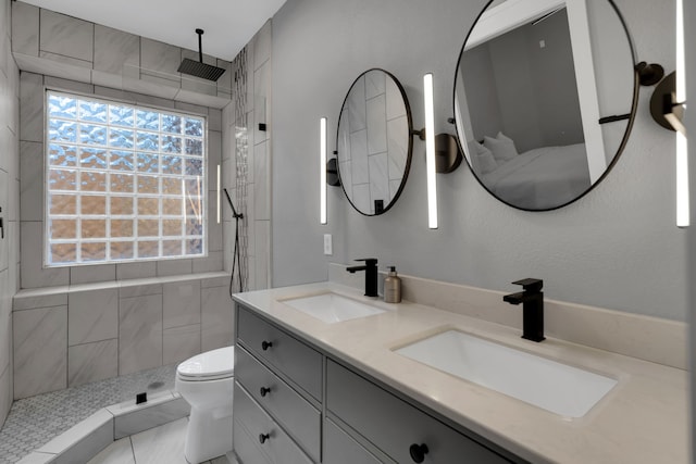 bathroom featuring toilet, double vanity, walk in shower, and a sink