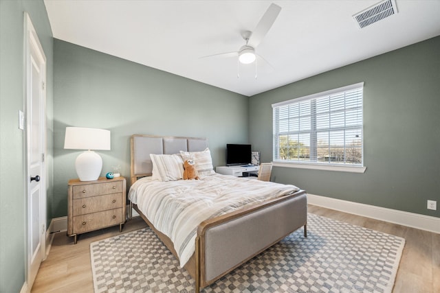 bedroom featuring visible vents, baseboards, ceiling fan, and light wood finished floors