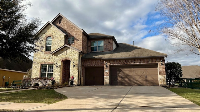 view of front facade featuring brick siding, a shingled roof, concrete driveway, a garage, and stone siding