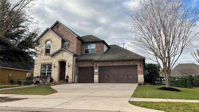 view of front of property featuring stone siding, driveway, a shingled roof, and a front yard