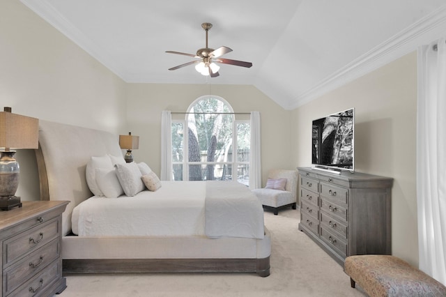 bedroom with light carpet, lofted ceiling, ornamental molding, and a ceiling fan