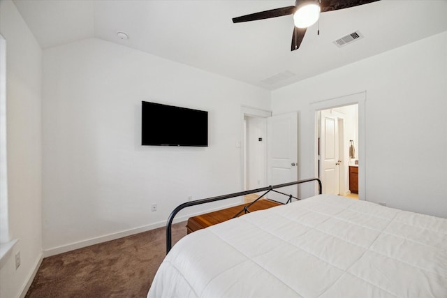 carpeted bedroom featuring visible vents, baseboards, ceiling fan, and vaulted ceiling