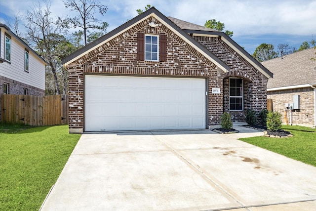 view of front facade with brick siding, driveway, a front lawn, and fence