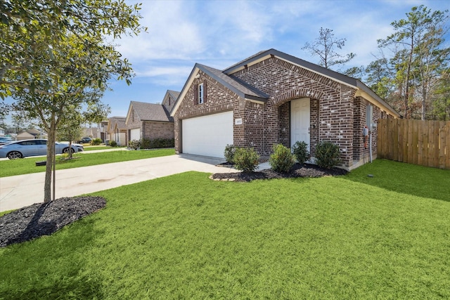 view of front of home featuring brick siding, fence, concrete driveway, a front yard, and an attached garage