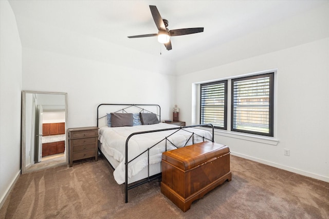 carpeted bedroom featuring ceiling fan and baseboards