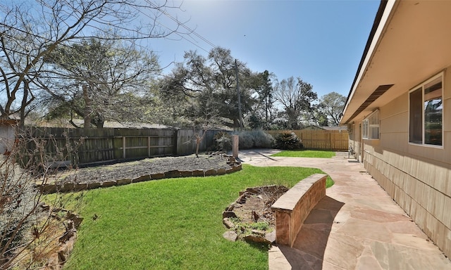 view of yard featuring a fenced backyard and a patio