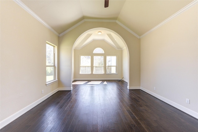 empty room with dark wood-type flooring, a healthy amount of sunlight, and vaulted ceiling