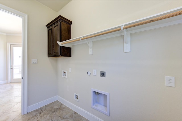 laundry room featuring baseboards, hookup for a washing machine, hookup for a gas dryer, cabinet space, and electric dryer hookup