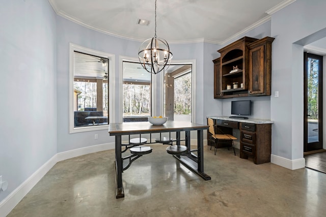 office space featuring baseboards, a notable chandelier, concrete flooring, and plenty of natural light