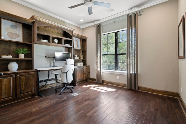 office area featuring baseboards, visible vents, ceiling fan, ornamental molding, and dark wood-type flooring