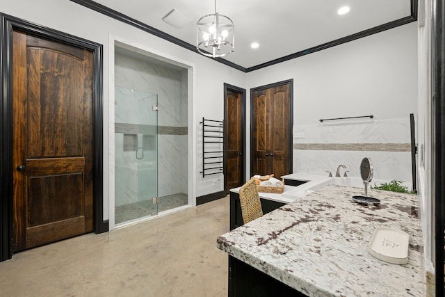 full bath with a stall shower, crown molding, concrete flooring, a chandelier, and vanity