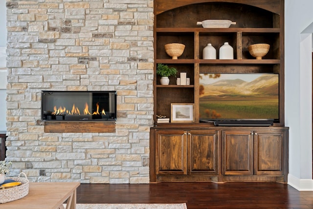 interior details with a stone fireplace, built in shelves, baseboards, and wood finished floors