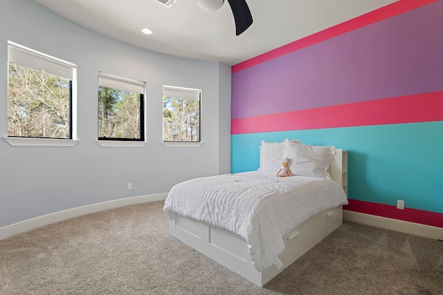 carpeted bedroom with recessed lighting, a ceiling fan, and baseboards