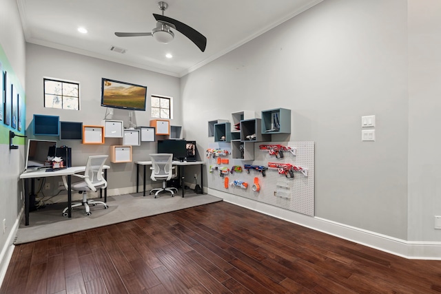 office area featuring visible vents, ornamental molding, ceiling fan, and wood finished floors