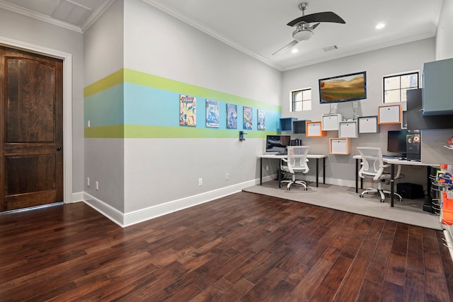 office space with ornamental molding, wood finished floors, recessed lighting, baseboards, and ceiling fan