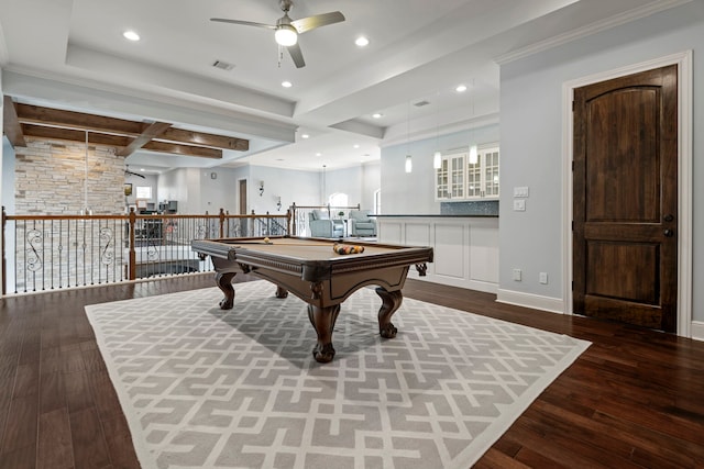 recreation room with recessed lighting, pool table, a ceiling fan, and hardwood / wood-style floors