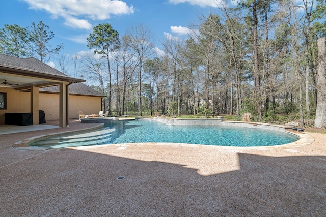 pool featuring a patio area and ceiling fan