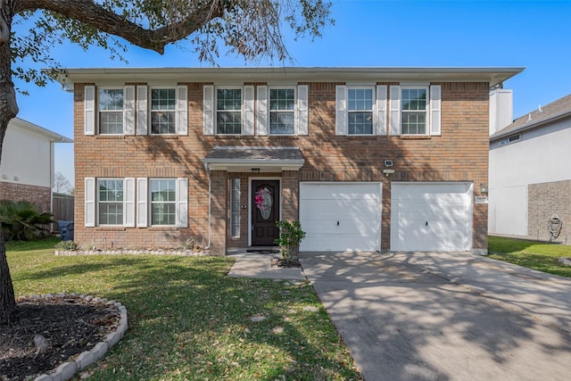 view of front of property featuring concrete driveway, a garage, brick siding, and a front lawn