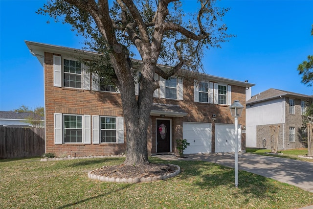 view of front of home featuring brick siding, a front lawn, fence, driveway, and an attached garage