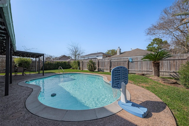 view of swimming pool with a fenced in pool, a patio, and a fenced backyard