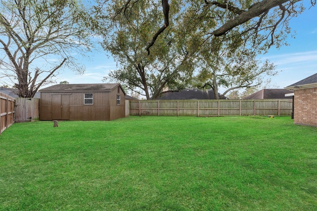 view of yard featuring a storage shed, an outbuilding, and a fenced backyard