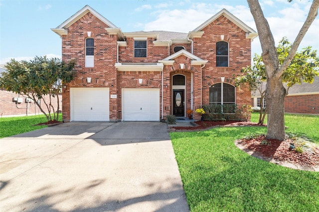 view of front of home with a front yard, a garage, brick siding, and driveway