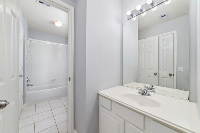 bathroom with visible vents, bathtub / shower combination, vanity, and tile patterned flooring